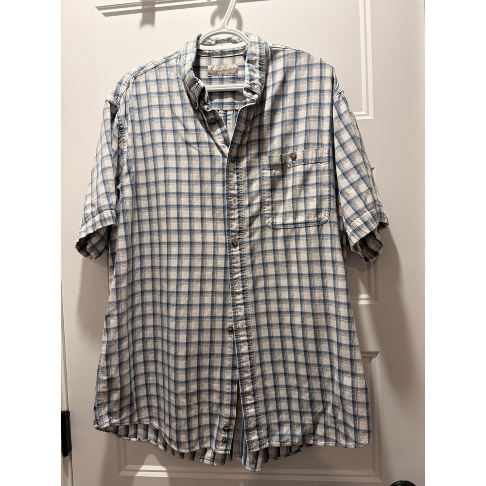 Fieldmaster Button Down Shirt Mens L Blue Tan Plaid Cotton Short Sleeve Camp